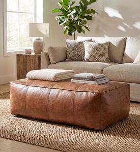 Home Deco and More Savio Leather Rectangular Pouf, Packshot View