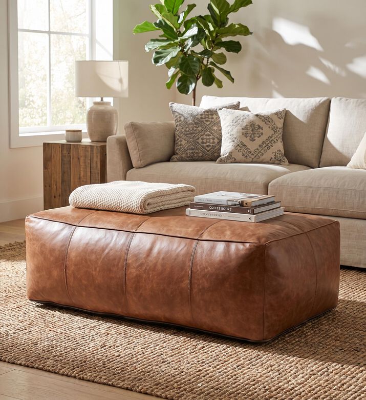 Home Deco and More Savio Leather Rectangular Pouf, Packshot View