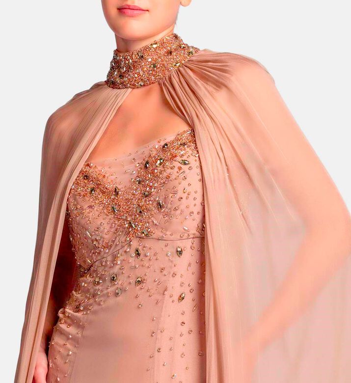 Michael Cinco Beads-embroidery Flared Dress, Light-taupe, M, Model View