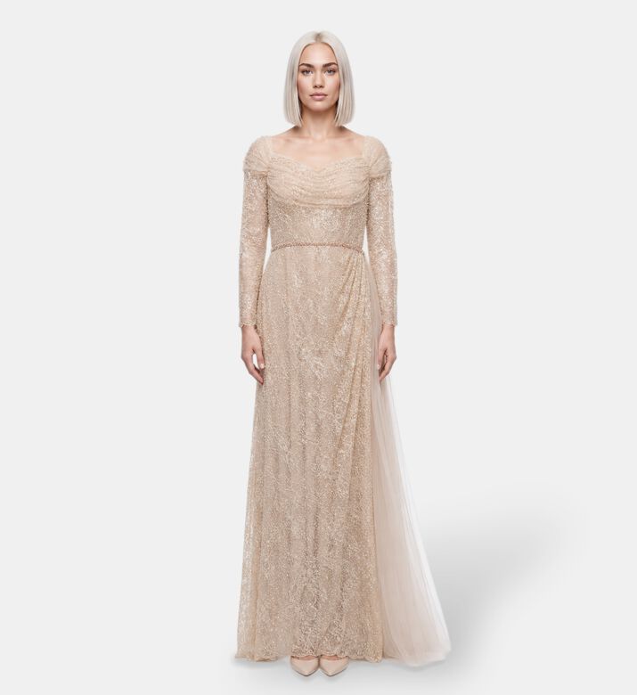 Suzy Matar Lace Draped Evening Gown, Model View