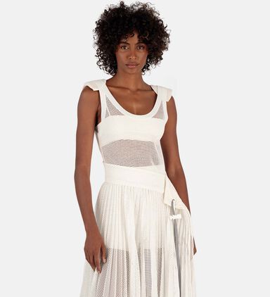 Mesh Slanted Waist Pleated Midi Skirt