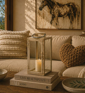 Kaemingk Iron Glass Rectangular Lantern, Beige, Packshot View