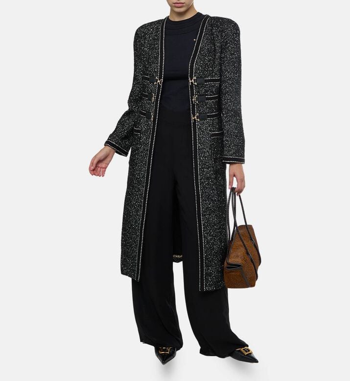Edward Achour Paris Tweed Longline Buckle Jacket, Model View Edward Achour Paris Tweed Longline Buckle Jacket, Model View