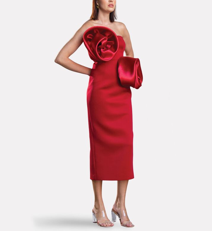 Savanna Deux Roses Strapless Midi Dress, Dark-red, M, Model View
