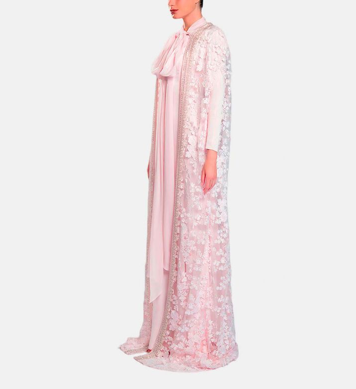 Michael Cinco Floral-embroidery Cape Flared Dress, Pink, Xl, Model View