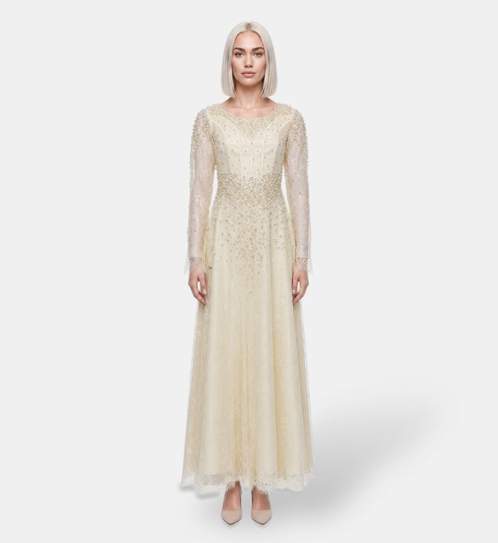 Suzy Matar Pearl-embellished Lace Evening Gown, Model View