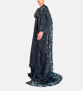 Michael Cinco Floral-embroidery Cape Flared Dress, Black, Xl, Model View