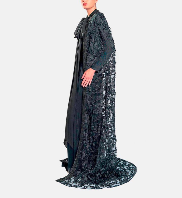 Michael Cinco Floral-embroidery Cape Flared Dress, Black, Xl, Model View