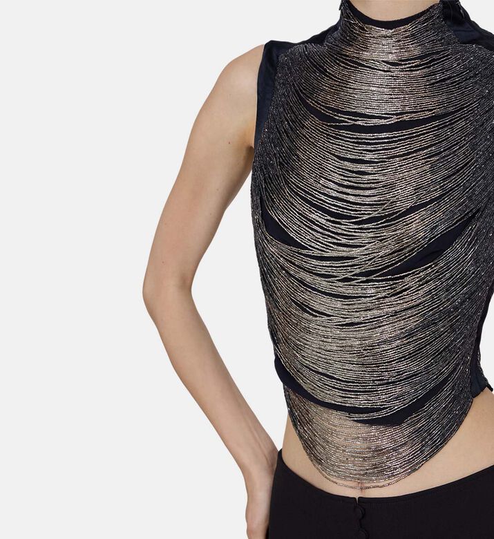 Metallic Fringe-embellishment High Neck Top