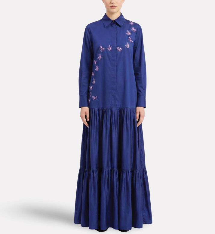 Savanna Galeries Lafayette Butterfly Embroidered Shirt Dress, Blue, Model View
