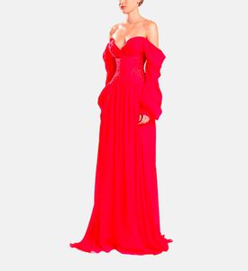 Michael Cinco Rhinestone-embellished Puff Sleeve Maxi Dress, Red, S, Model View