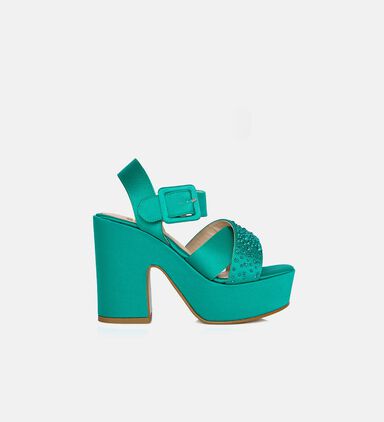 Teal Satin Embellished Platform Sandals