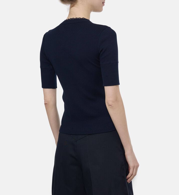 Patou Ribbed Lace Collar T-shirt, Blue, L, Model View