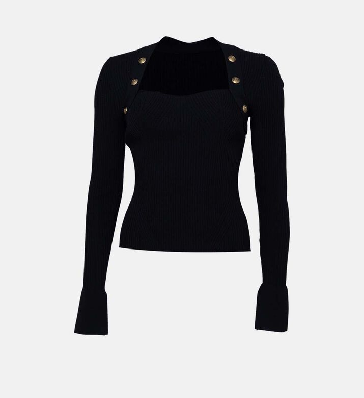 Knit Square Neck Solid Button Long Sleeve Top
