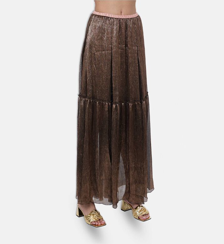 Forte-Forte Crinkled Lamé Tiered Maxi Skirt, Brown, L, Model View