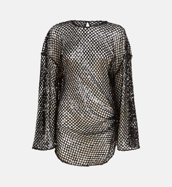 Sequin Mesh Long-sleeve Mini Dress