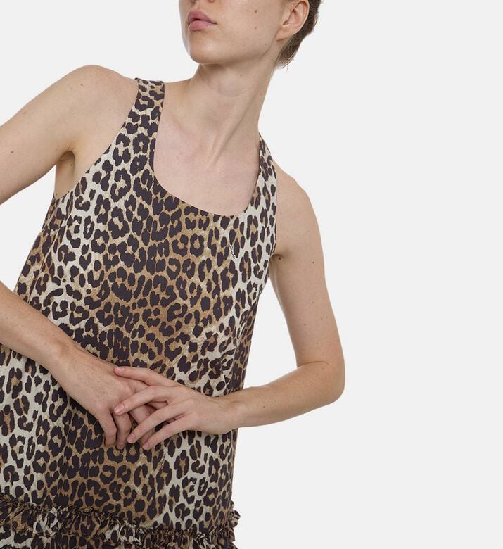Ganni Cotton Leopard-print Mini Dress, Model View Ganni Cotton Leopard-print Mini Dress, Model View