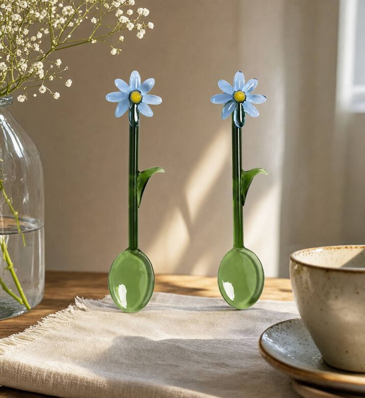 &k Amsterdam Floral Design Spoon Set-2, Blue, Model View
