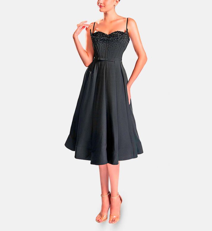 Michael Cinco Hand Beaded-embroidery Corset Midi Dress, Black, Xl, Model View