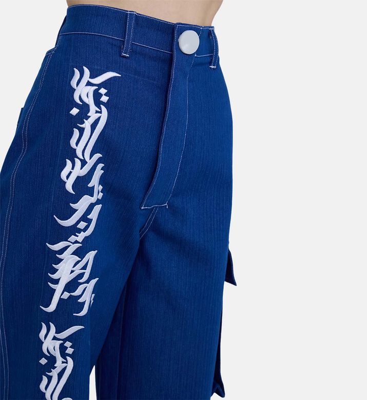 Arabic Calligraphy Asymmetrical Cargo Denim Pants