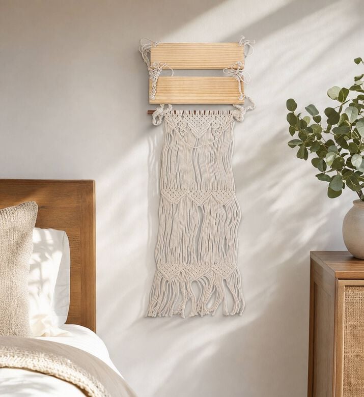 Home Deco and More Bruna Mango Wood Base Hand-knotted Shelf, Model View
