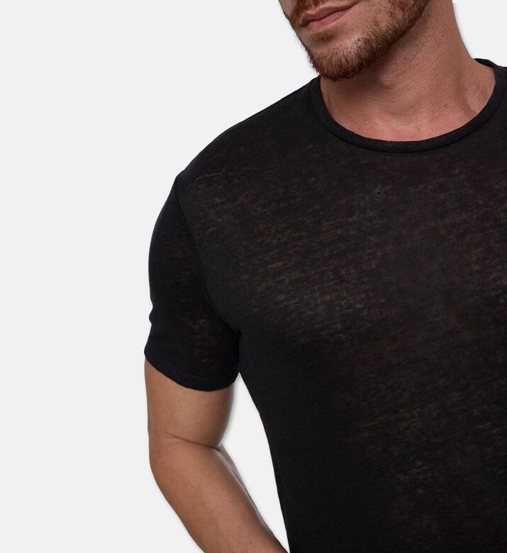 Galeries Lafayette Linen Washed-effect Crewneck T-shirt, Black, S, Model View