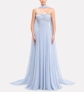 Michael Cinco Chiffon Strapless Embellished Evening Dress, Model View