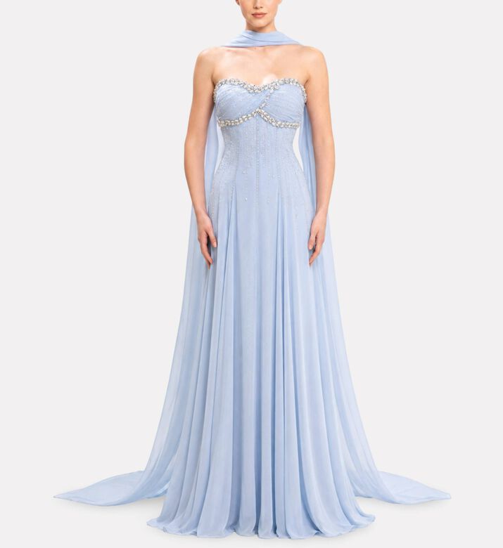 Michael Cinco Chiffon Strapless Embellished Evening Dress, Model View