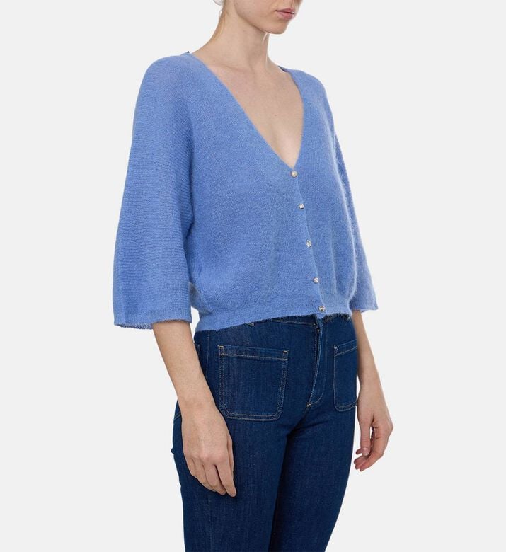 Ba and Sh Isaac Bell Sleeves Cropped Cardigan, Blue, Xs, Model View