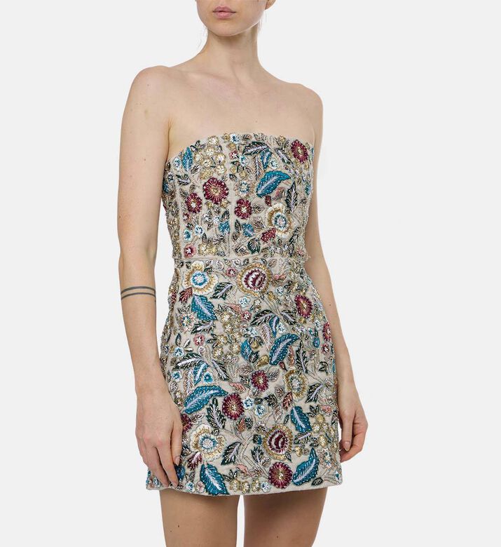Alice and Olivia Embroidered Sequins Strapless Mini Dress, Model View