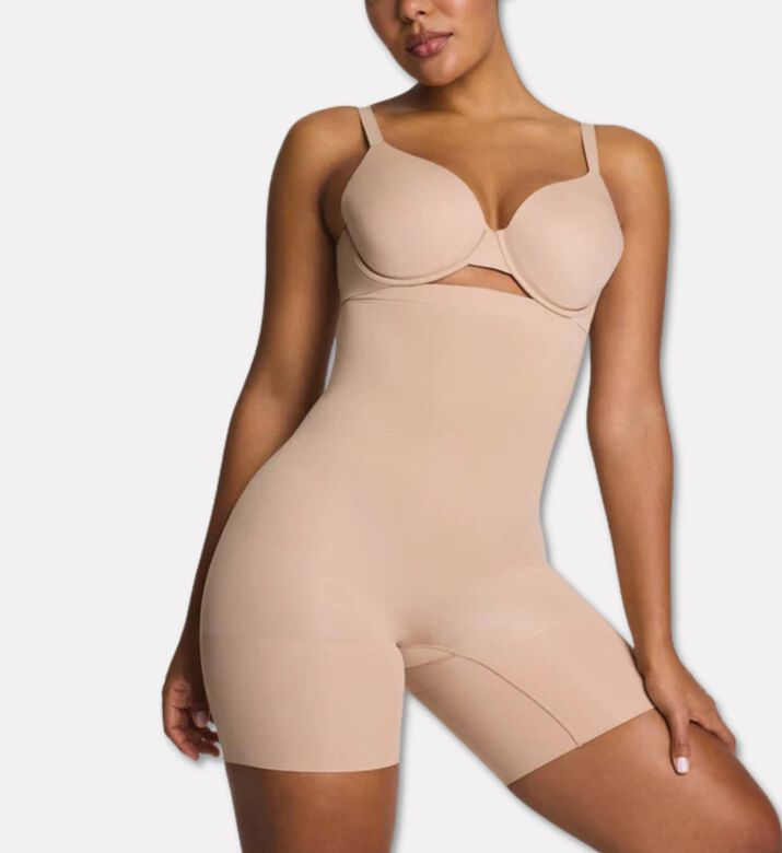Spanx Seamless High-waisted Mid-thigh Shaper, Nude, S, Model View
