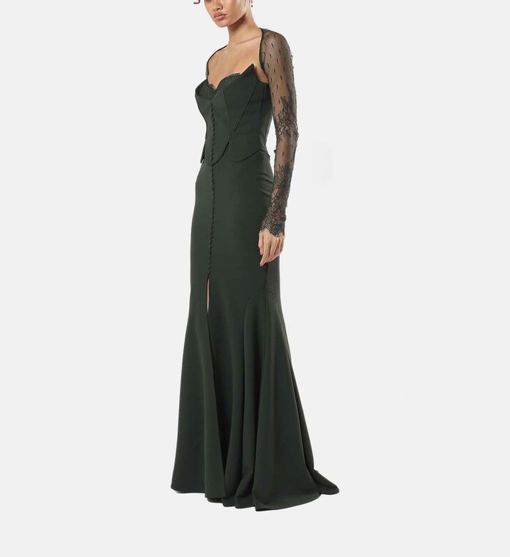 Button Front Sheer Lace Sleeves Fishtail Gown