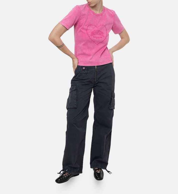 Ganni Cotton Heart-embroidery T-shirt, Model View Ganni Cotton Heart-embroidery T-shirt, Model View