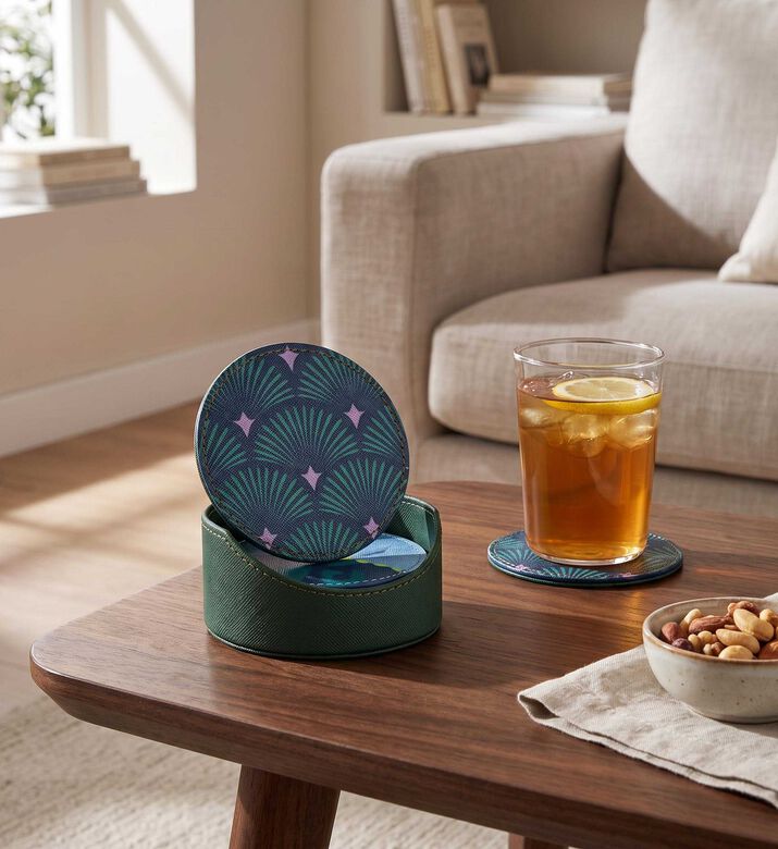Silsal Bahja Leather 6-piece Coaster Set, Model View