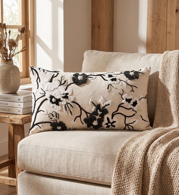 Home Deco and More Janice Embroidered Cushion, Black, 30x50x30-cm, Packshot View