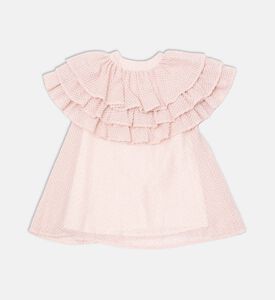 فستان بأكمام كاب مكشكشة متدرجة وأزرار أمامية