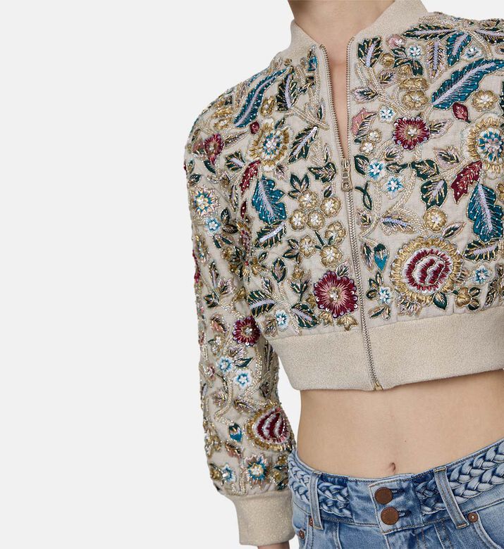 Floral-embroidery Beaded Bomber Jacket
