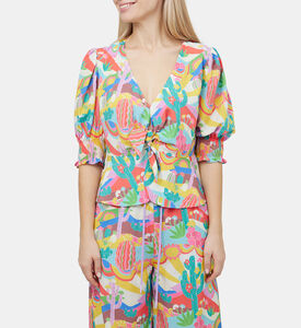 بلوزة بطبعة نخيل ربيعية برباط إغلاق