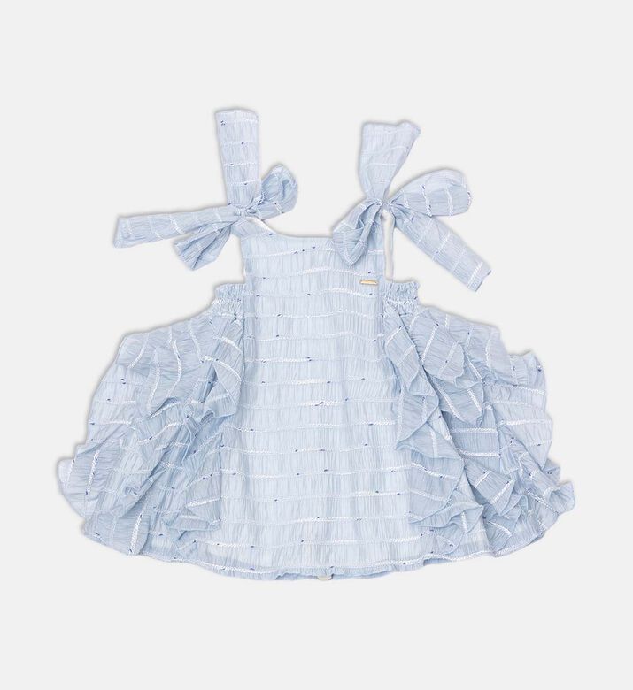 Striped Textured Fabric Ruffled Cap Sleeves Dress