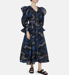 Frill Printed Flared Midi Dress