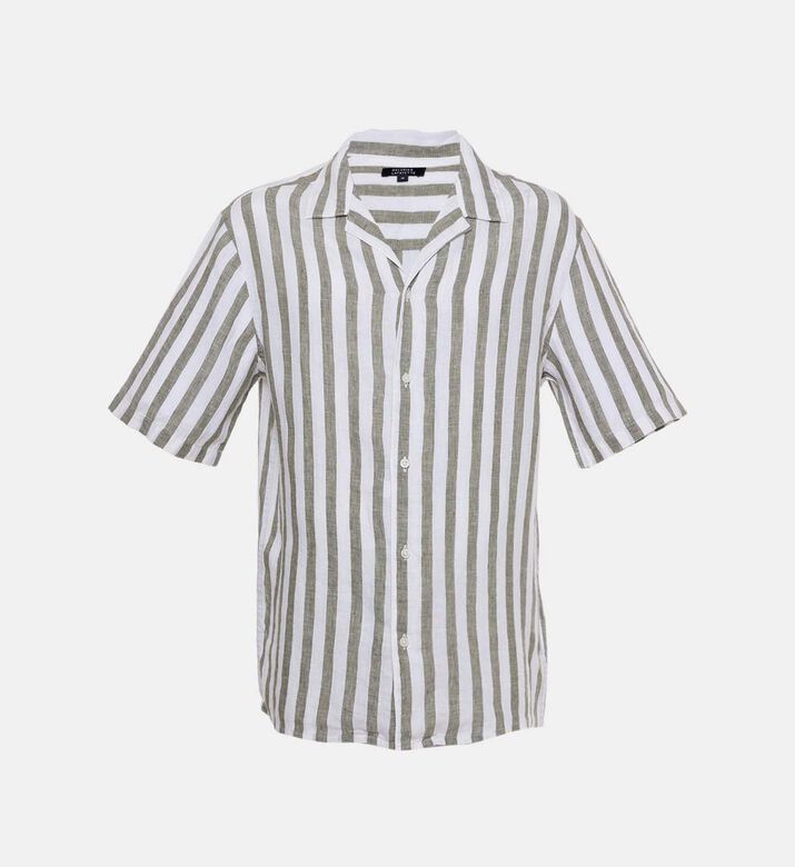 قميص كتان مخطط بأزرار لأسفل