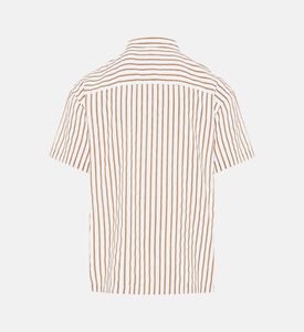 قميص كتان قصير الأكمام مخطط بياقة أمامية