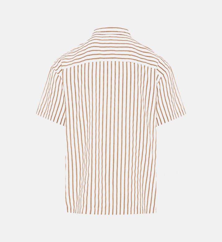 قميص كتان قصير الأكمام مخطط بياقة أمامية