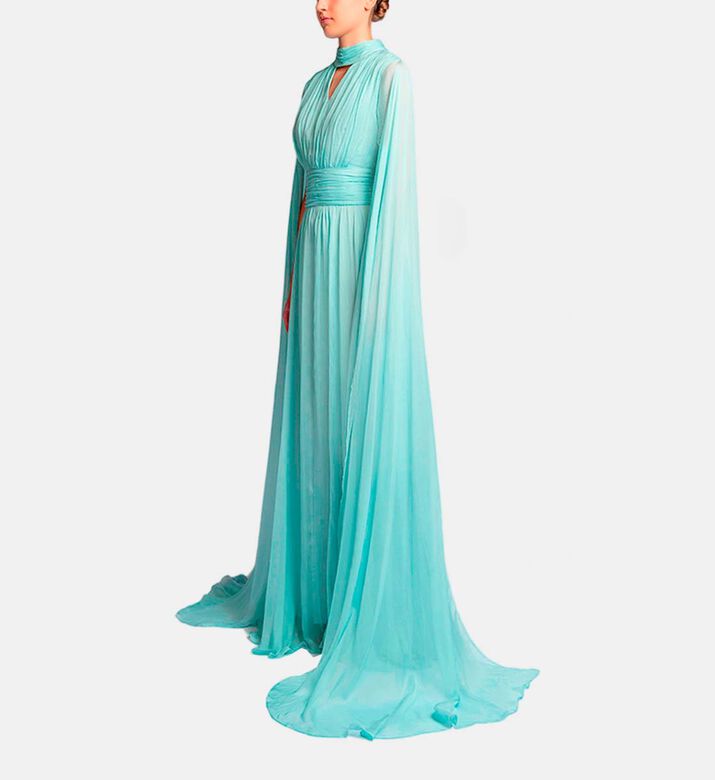 Michael Cinco Silk High Neck Sleeveless Flared Dress, Light-blue, M, Model View