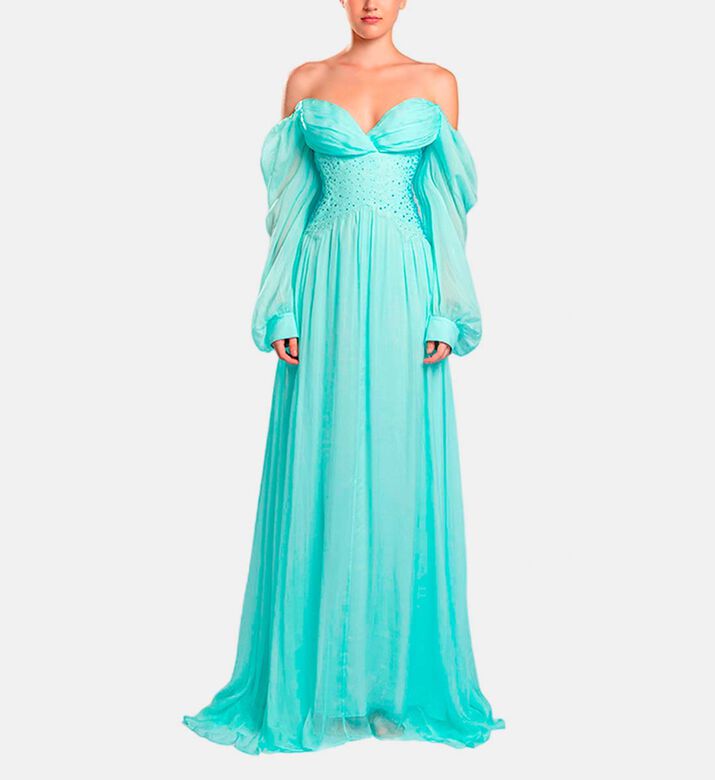 Michael Cinco Rhinestone-embellished Puff Sleeve Maxi Dress, Light-green, Xl, Model View