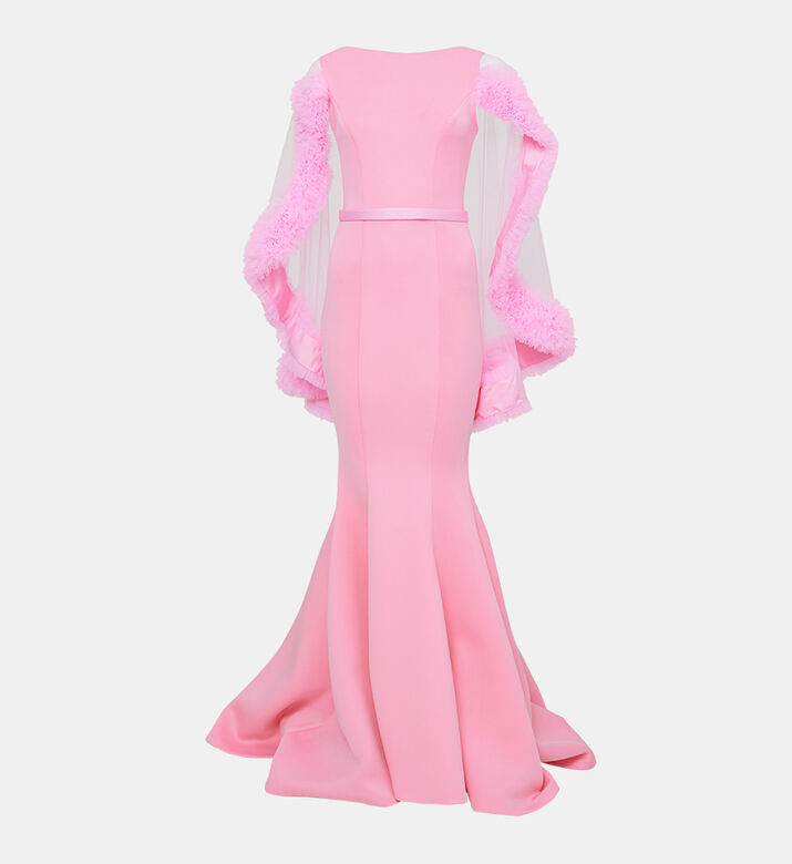 Neoprene Ruffle Cape Mermaid Dress