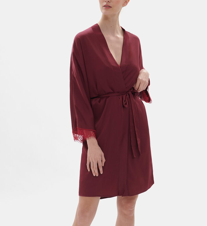 Satin Lace-trim Belted Kimono