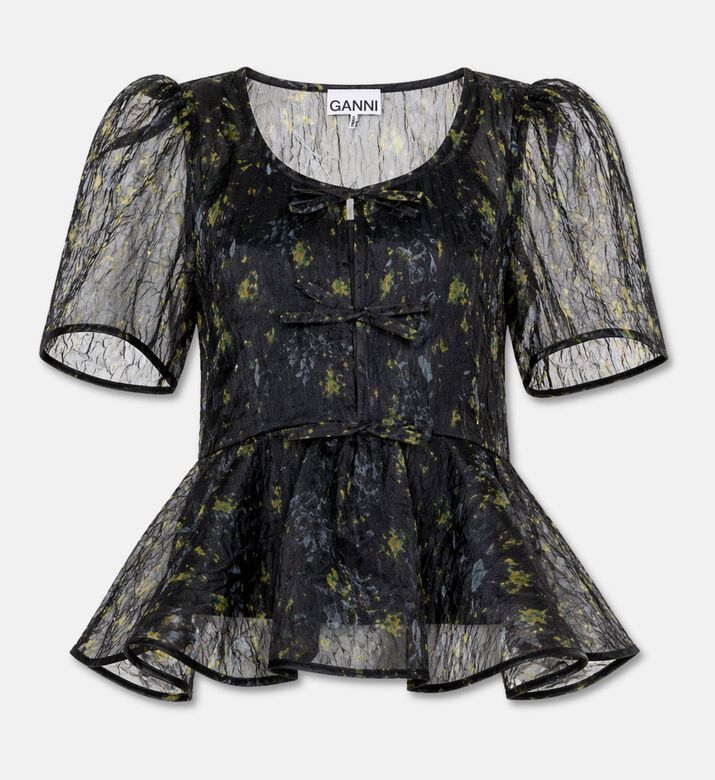 Ganni Shibori-print Puff-sleeve Top, Black, 40, Packshot View