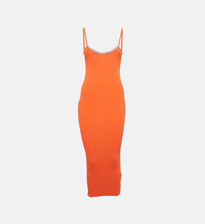 Area Orange Rib Knit Crystal Embellished Midi Dress Pre-owned