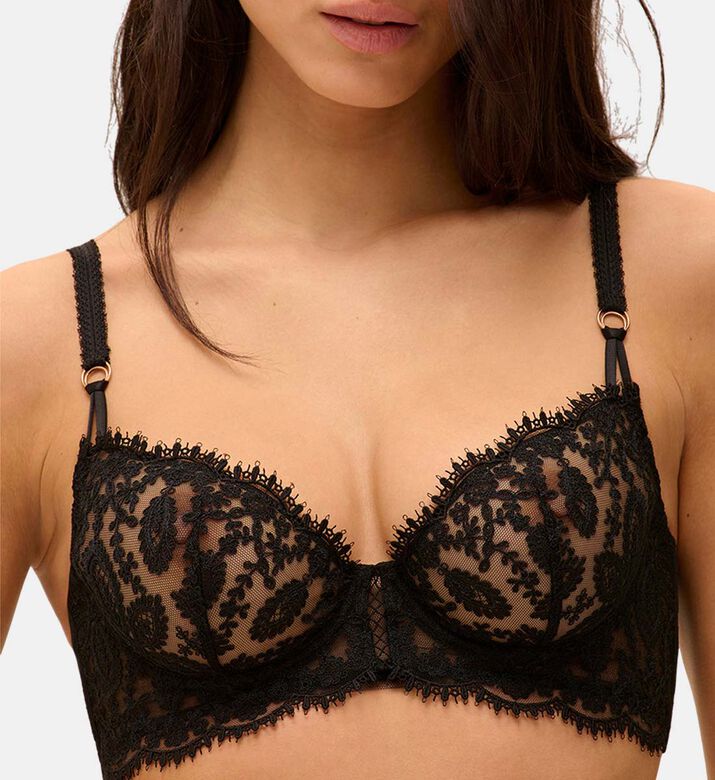 Sheer Floral Lace Scalloped Trim Underwired V-neck Bra